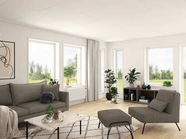 Bilde av stue med større vinduer, helglasset balkongdør og lange dekorvinduer - husmodellen Alvar