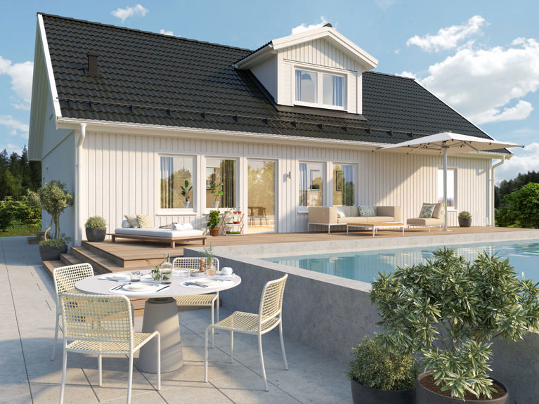 Bilde av husmodellen Åse med standard takvinkel og ark på taket