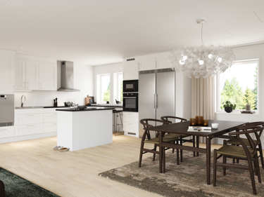 Bilde av kjøkken og spisestue i husmodellen Minna