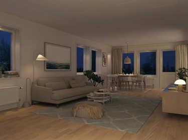 Kveldsbilde av stuen i huset Fanny