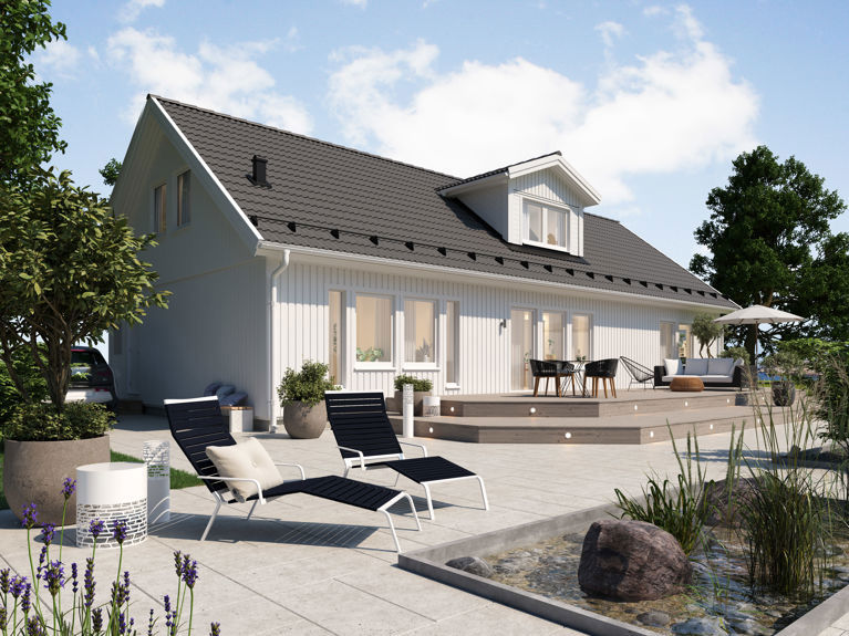 Bilde av husmodellen Henrik med standard takvinkel og ark på taket