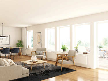 Bilde av stue med lave vinduer og helglasset balkongdør i husmodellen Edvard