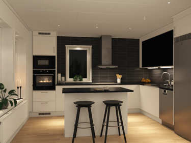 Kveldsbilde av kjøkkenet i huset Alvar