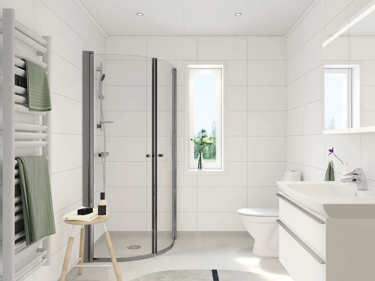 Bilde av det store badet i vinkelhuset Josefine med baderomsinnredning og hvite våtromspaneler