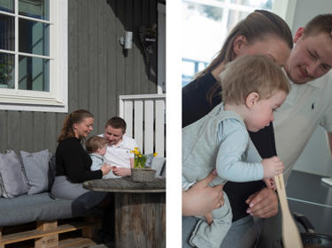 Todelt bilde av familie i huset sitt