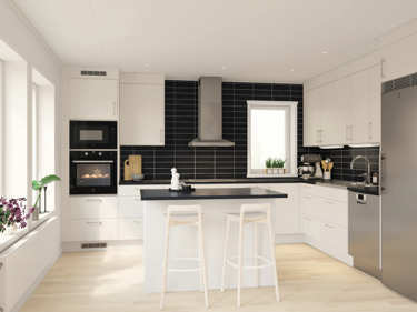 Bilde av kjøkken med mørke hvitevarer fra Electrolux - husmodellen Fanny