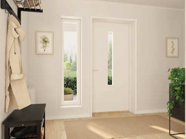 Bilde av hallen med et stående dekorvindu i vinkelhuset Josefine