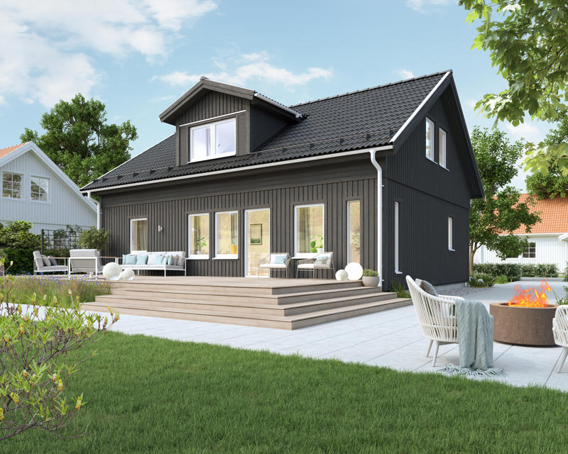 Bilde av husmodellen Selma med forhøyet veggliv og ark på taket.