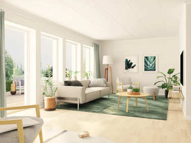 Bilde av stue med større vinduer og helglasset balkongdør - husmodellen Edith