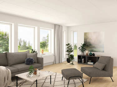 Bilde av stue med større vinduer og lange dekorvinduer - husmodellen Alvar
