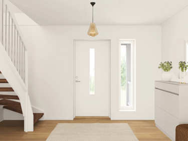 Bilde av hall med et stående dekorvindu i husmodellen Edvard