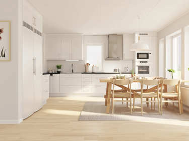 Bilde av kjøkken ved hvite innebygde hvitevarer og store vinduer