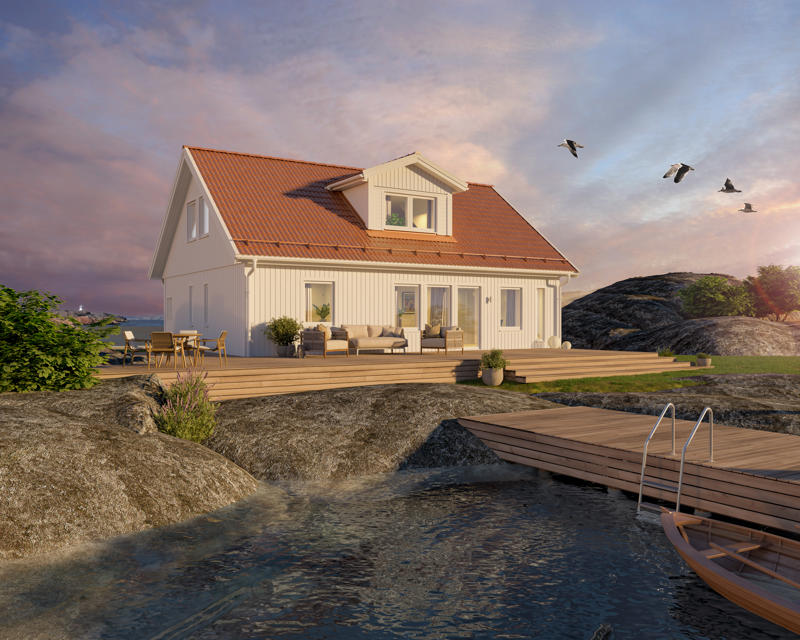 Bilde av husmodellen Selma med forhøyet veggliv og ark på taket.