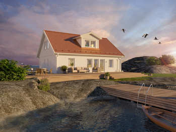 Bilde av husmodellen Selma med forhøyet veggliv og ark på taket.