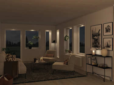 Kveldsbilde av stuen i huset Åse med LED dimbare mini spotlights i vinduer