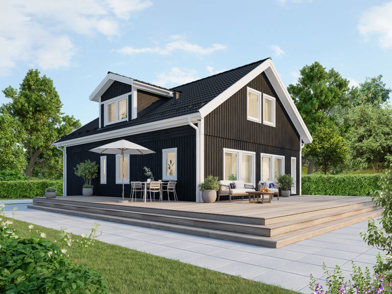 Bilde av husmodellen Alvar med forhøyd veggliv og ark på taket