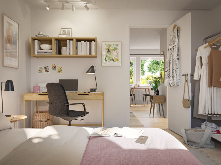 Bilde av soverommet til studentens utleiedel i ferdighuset Maja+