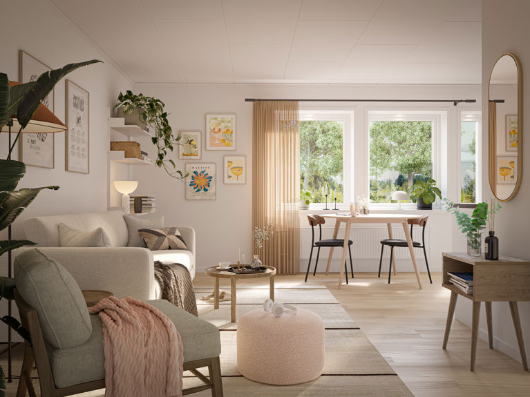 Bilde av stue i utleiedelen til ferdighuset Maja+