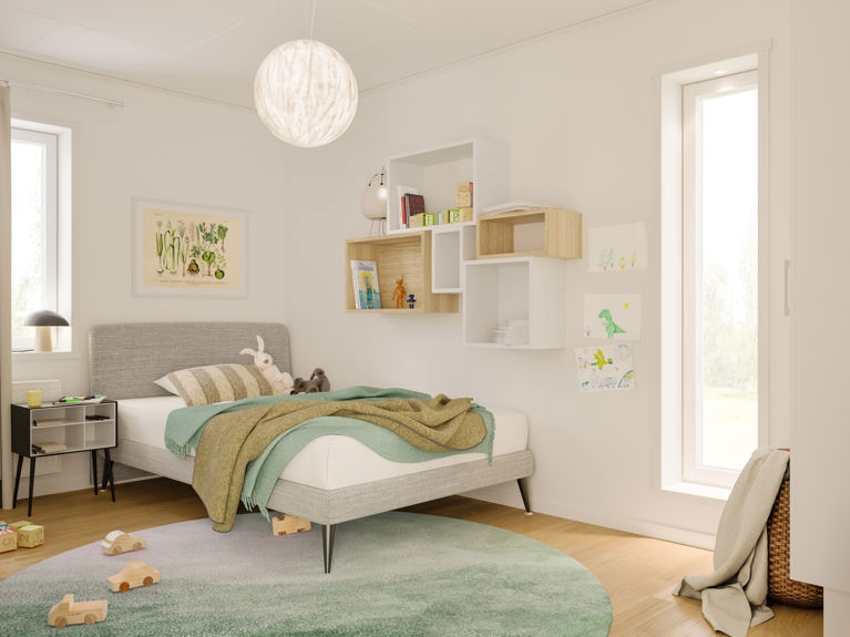 Bilde av barnerommet og langt dekorvindu i huset Edith