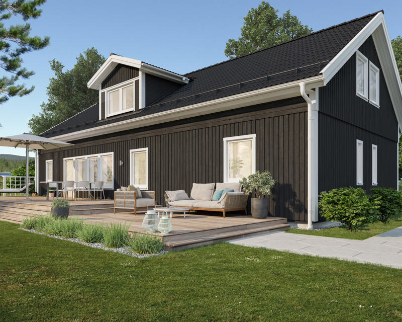 Bilde av husmodellen Edvard med forhøyet veggliv og ark på taket