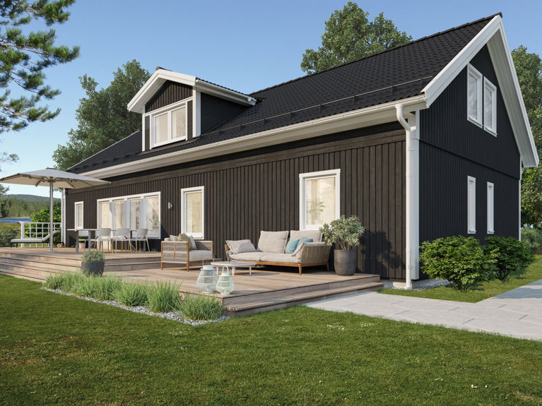 Bilde av husmodellen Edvard med 34 graders takvinkel, forhøyet veggliv og ark på taket