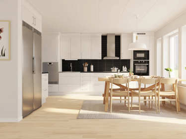 Bilde av kjøkken med innebygde hvitevarer i sort og stål - vinkelhuset Josefine