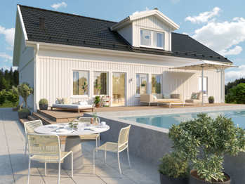 Bilde av husmodellen Åse med 34 graders takvinkel, forhøyet veggliv og ark på taket