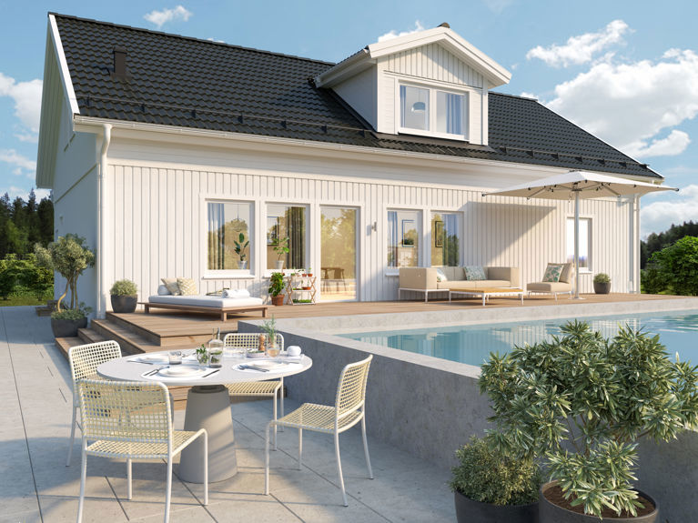 Bilde av husmodellen Åse med 34 graders takvinkel, forhøyet veggliv og ark på taket