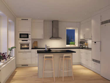 Kveldsbilde av kjøkkenet i huset Fanny