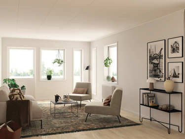Bilde av stuen i huset Åse med dekorvinduer og flere vinduer