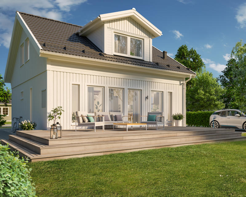 Bilde av huset Lasse med 34 graders takvinkel, forhøyet veggliv og ark på taket