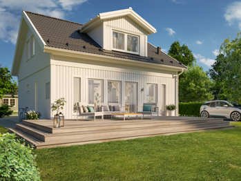 Bilde av huset Lasse med 34 graders takvinkel, forhøyet veggliv og ark på taket