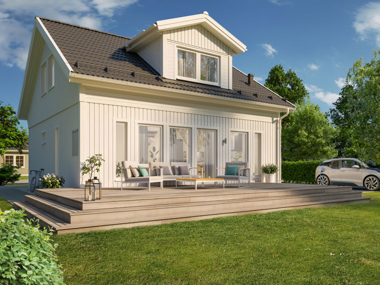 Bilde av husmodellen Lasse med forhøyd veggliv og ark på taket