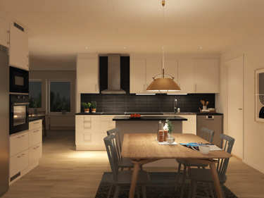 Kveldsbilde av kjøkkenet i husmodellen Edith