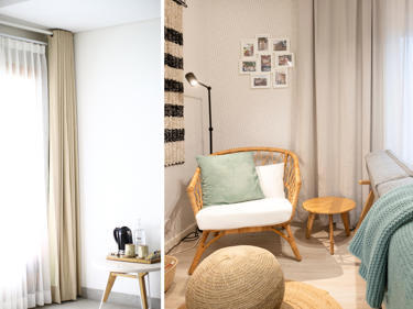 Bilde av soverom og stue med høye gardiner
