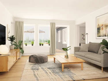 Bilde av TV stue med lave vinduer og helglasset balkongdør i vinkelhuset Josefine