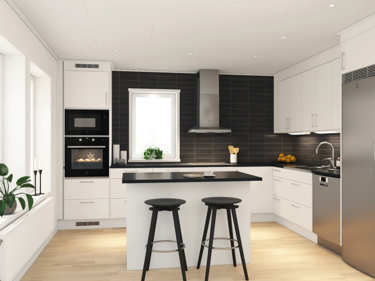 Bilde av kjøkken med kjøkkenøy og innebygde hvitevarer fra Electrolux - husmodellen Alvar