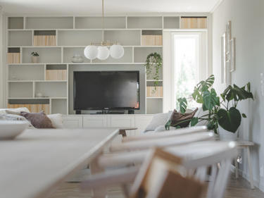 Bilde av tv-stue med bokhylle som vegg