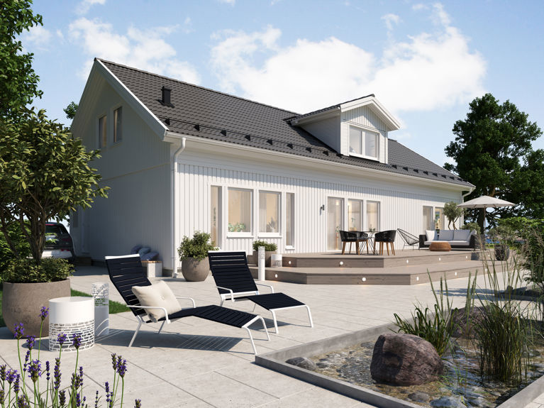 Bilde av husmodellen Henrik med 34 graders takvinkel, forhøyet veggliv og ark på taket
