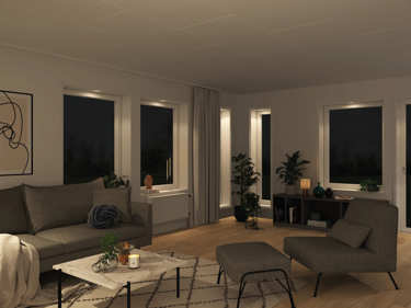 Kveldsbilde av stuen i huset Alvar