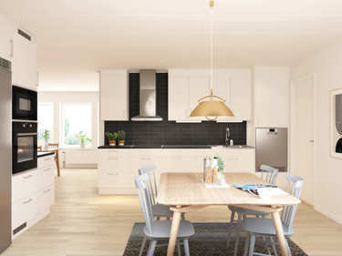 Bilde av kjøkkenet i husmodellen Edith, med opphøyd oppvaskmaskin i stål og innebygde hvitevarer fra Electrolux