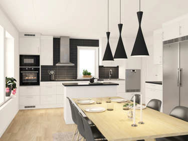 Bilde av kjøkkenet i huset Åse med svarte og rustfri hvitevarer fra Electrolux