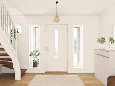 Bilde av hall med to stående dekorvinduer i husmodellen Edvard