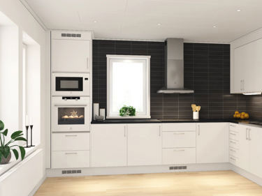 Bilde av hvitlakkerte kjøkkenfronter med faset kant i husmodellen Alvar