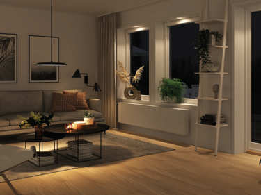 Kveldsbilde av stuen i huset Eva