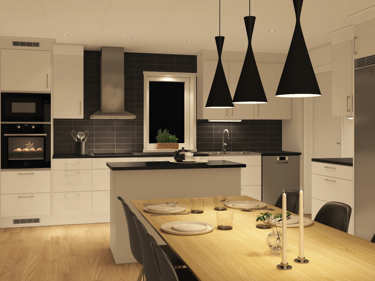 Kveldsbilde av kjøkkenet i huset Eva