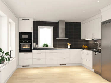 Bilde av kjøkken med rustfri innebygde hvitevarer fra Electrolux - husmodellen Alvar