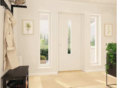 Bilde av hallen med to stående dekorvinduer i vinkelhuset Josefine