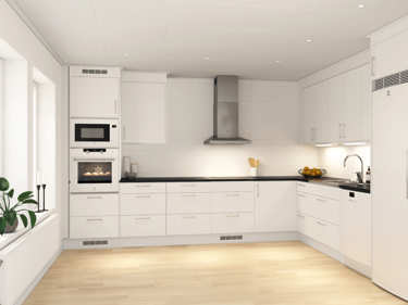 Bilde av kjøkken med hvite innebygde hvitevarer fra Electrolux - husmodellen Alvar