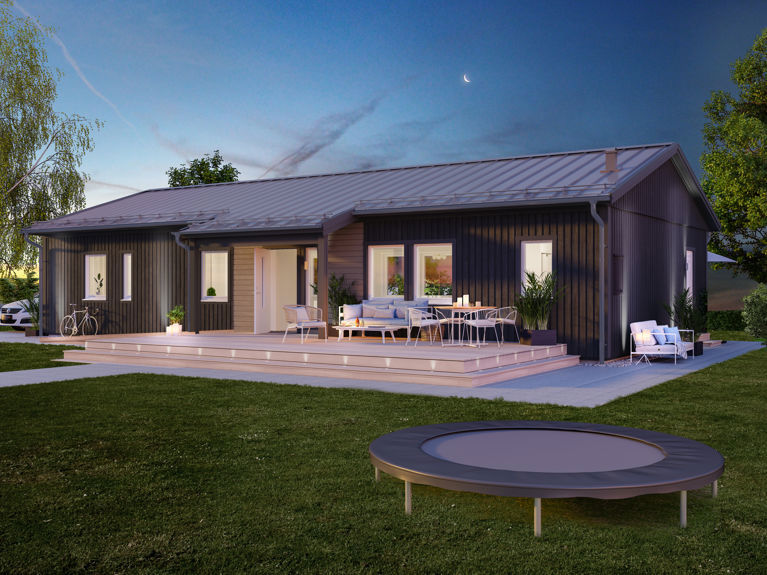 Bilde av husmodellen Linnea 2.0 med moderne takpakke